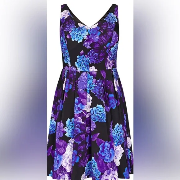 City Chic | Dresses | City Chic Hydrangea Fit Flare Dress Black With Blue  And Purple Flowers | Poshmark
